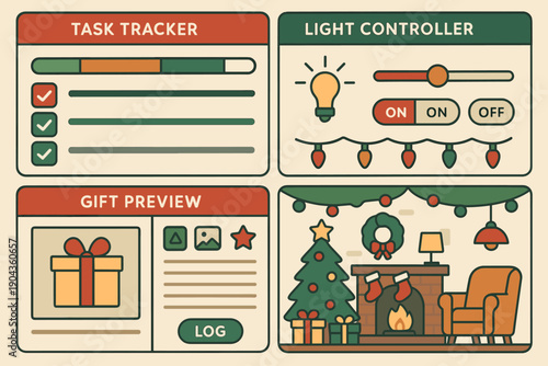 User interface design for a digital task tracker and light controller with holiday decorations and gift preview