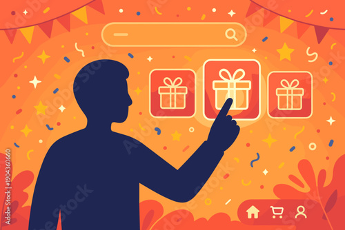 Person selecting gift icons on a bright background with decorations during a festive event