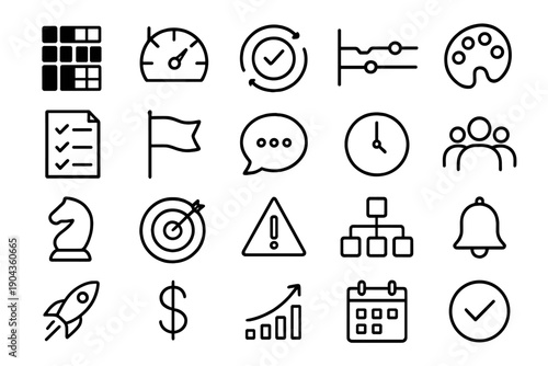 Icons showing different tasks, symbols, and concepts related to work and management in a simple design style