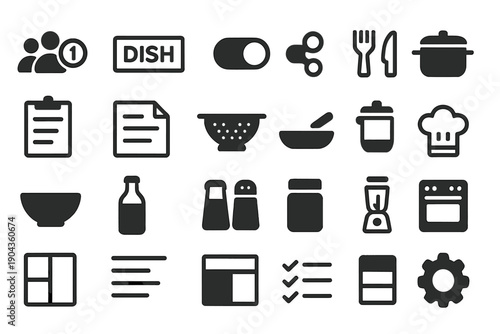 Icons representing kitchen tools, tasks, and food preparation in a simple layout for cooking activities