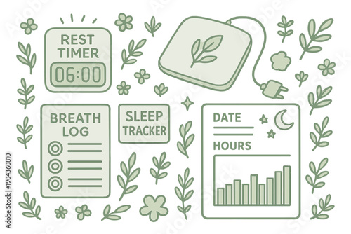 Design of sleep tracker tools and logs displayed with plants and flowers showing wellness practices for better sleep and rest habits