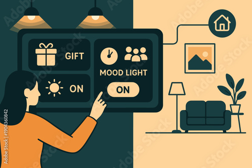 Person interacts with smart home device to adjust lighting and settings in living room on a bright day