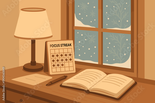 Snow falls outside a warm room with a desk, an open book, a focus streak calendar, and a lamp during winter times