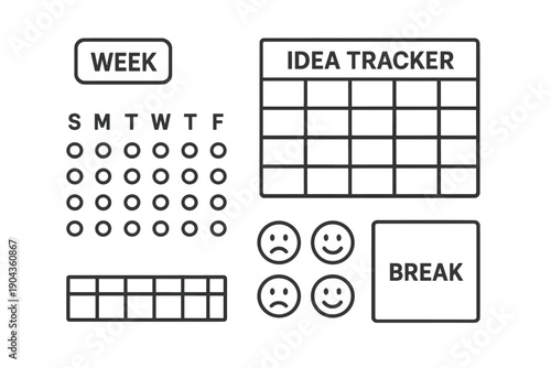 Weekly planner layout with idea tracker, calendar days, and emotion indicators for planning and creativity activities
