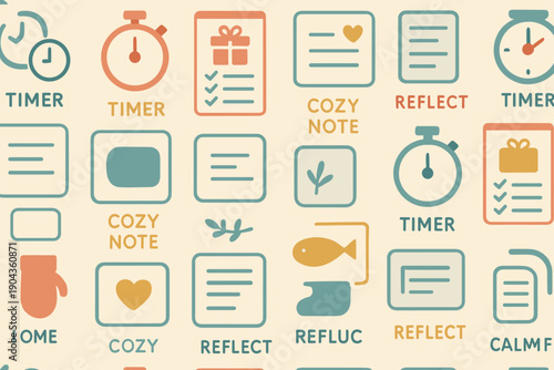 Icons of timers, notes, and reflections arranged in a grid pattern on a light background in a digital design