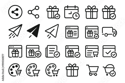 Icons for online shopping and gift giving in a simple black and white design