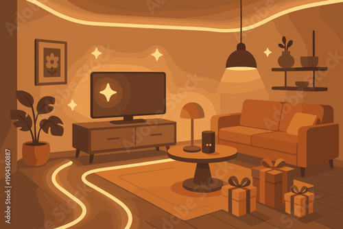 Cozy living room with warm lighting in a modern design during evening time, complete with gifts and decoration