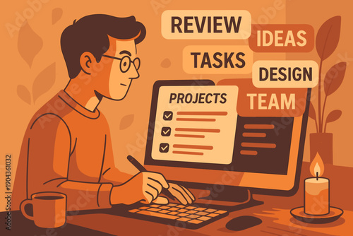 Person working on projects at a desk with computer, coffee, and candle