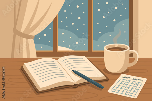 Habit tracker and coffee by the window in winter with snowfall
