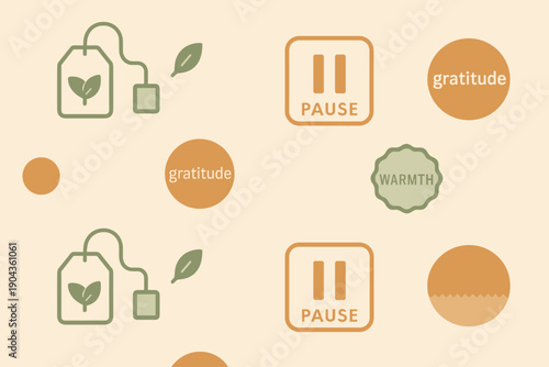 Tea bags and circular symbols with words such as gratitude and warmth on a light background show the theme of taking a break and reflecting