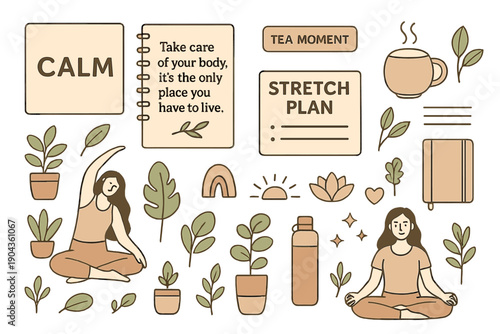 Wellness themes with plant illustrations and reminders about health and self-care activities