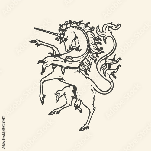 Majestic Rampant Unicorn in Classic Heraldic Style, an Elegant Vintage Engraving Representing Fantasy, Nobility, and Purity
