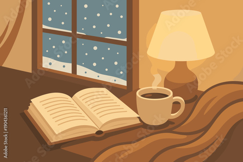 Warm drink and open book on table near window with falling snow at night