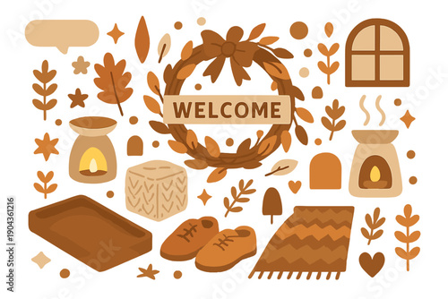 Welcome decoration featuring autumn leaves, candles, and cozy home items in earthy tones