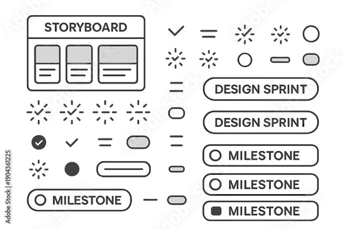 Storyboard elements and design sprint milestones displayed in a simple layout on a white background
