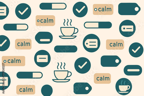 Many icons and symbols related to coffee and calmness are displayed on a light background in this abstract design