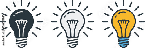 Set of three illuminated light bulb icons representing ideas and innovation in flat design style for creative concepts and presentations