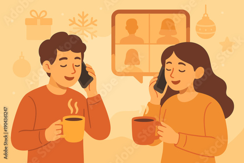 Two people talk on the phone while holding warm cups in a cozy setting during the holiday season