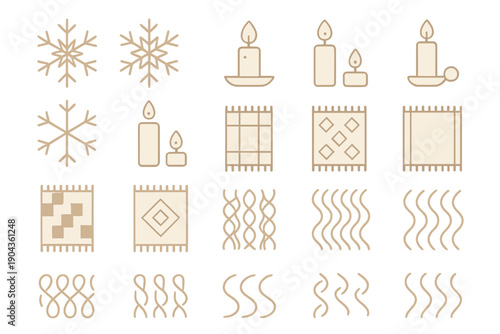 Simple line art of decorative elements in warm tones for festive occasions or winter themes presented in a grid layout