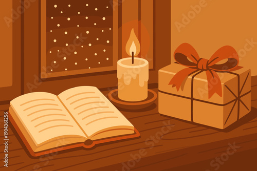 Cozy setting with a candle, an open book, and a wrapped gift on a wooden table by a window