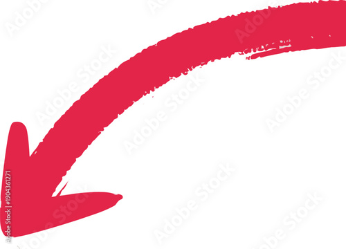 Red brush stroke arrow pointing down hand-drawn directional symbol for design elements and concepts isolated on white