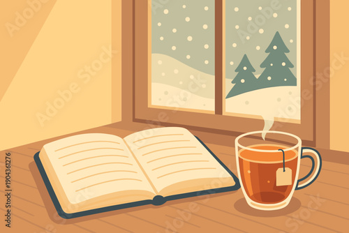Cozy indoor scene with a book and a cup of tea by a snowy window during winter time
