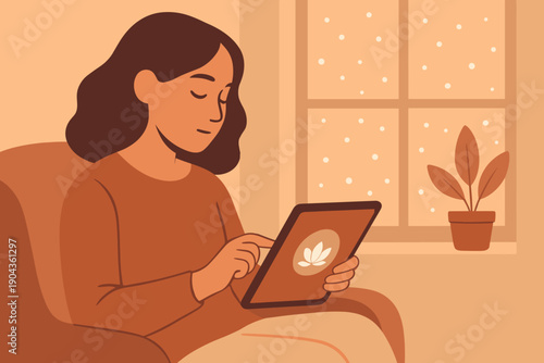 Woman using tablet while sitting in a chair by the window during daytime with a plant nearby
