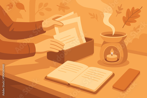 Setting up a cozy workspace with books, letters, and a candle flame in an indoor environment during a quiet evening