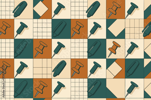 Colorful pattern of push pins and shapes on a flat surface showing an arrangement of items in various colors and designs