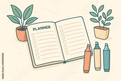 Open planner with checklists and markers near plants on a light background for organizing tasks and notes