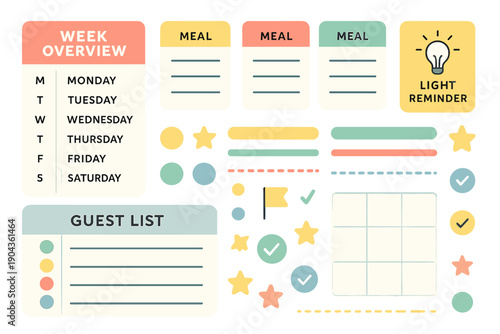 Weekly planner layout with sections for meals, reminders, and guest list details for organization and scheduling purposes