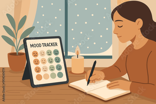 Person uses a mood tracker and writes in a notebook while sitting at a table near a window during the day