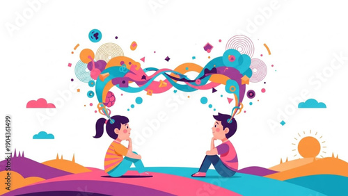 Two people sitting on colorful ground with thought bubbles communicating creatively