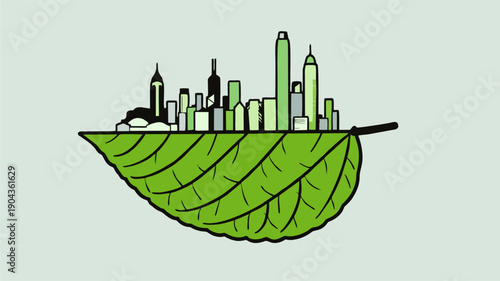 Green City Illustration on Leaf Representing Sustainable Urban Living	
