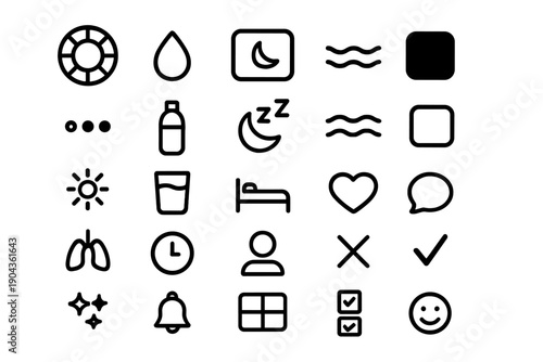 Icons representing various elements of daily life, activities, and health in a simple and clear design
