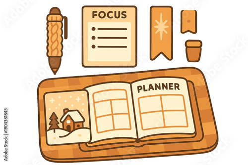 Focus on goals with a planner and accessories on a wooden background for productivity and organization