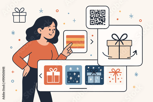 Holiday shopping experience with gifts and QR codes in a festive setting