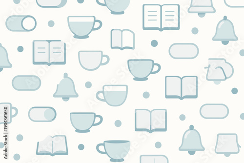 Pattern design with cups, books, bells, and buttons for a cozy atmosphere at a cafe or home
