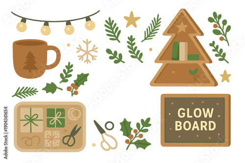 Decoration items for a holiday theme, featuring a tree, gifts, and crafts for festive activities in a creative space