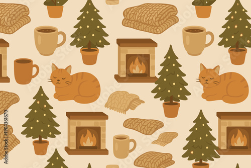 Cozy indoor scene with cats, trees, warm blankets, and drinks during winter season