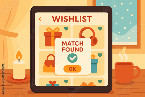 Tablet shows wishlist with match found notification while winter scene is visible through the window