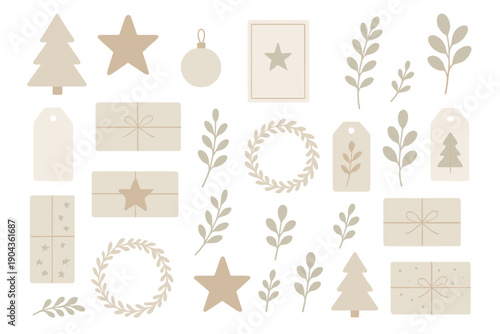 Various shapes and designs of gifts, trees, and leaves for holiday decoration on a white background