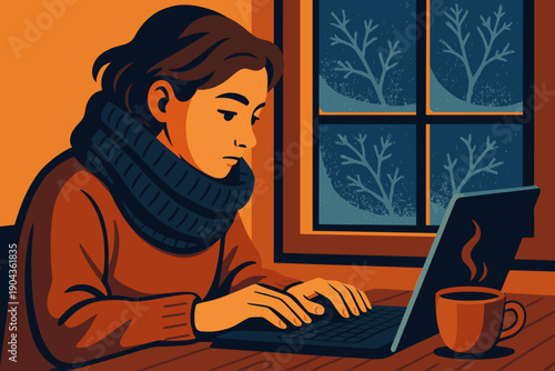 Person works on laptop in cozy room with warm light during winter