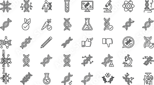 Genetics and biotechnology outline icon set with DNA helix, genetic research, laboratory testing and bioengineering symbols isolated on white background vector collection