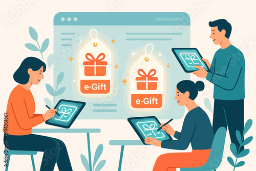 Group of people working on e-gift designs on tablets in a bright workspace during daytime hours