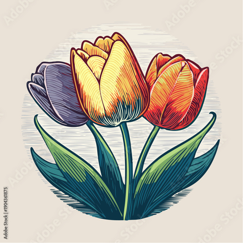 Vibrant Tulips Blooming in a Garden from a Close-Up Viewpoint