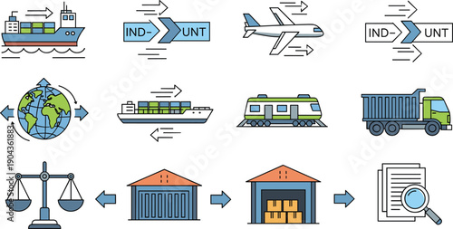 Global Logistics And Freight Transportation Icon Set Featuring Cargo Ship, Airplane, Train, Truck, Warehouse And Supply Chain Distribution Vector Collection