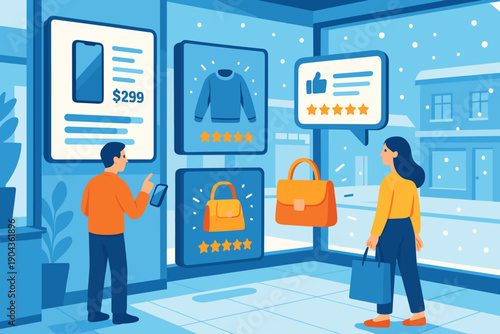 Shopping window display shows smartphone, clothing, and bags with price tags and ratings during winter season