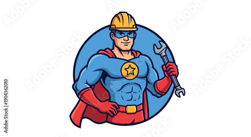 A strong superhero handyman wearing a helmet and cape, holding a wrench, ready to fix anything with his super strength and professional skills, embodying power and reliability