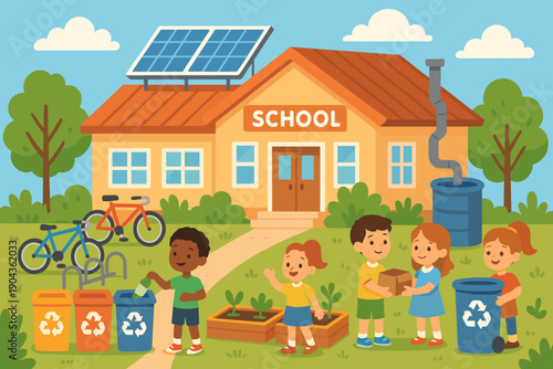 School students participate in recycling and gardening activities outside a modern building with solar panels during a sunny day